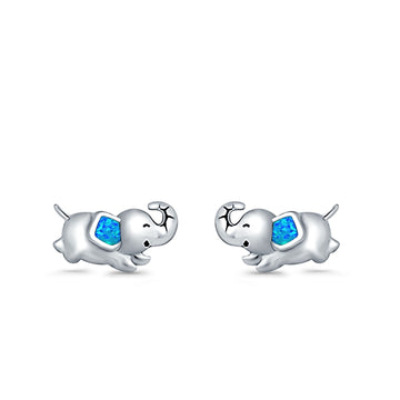 Baby Elephant Stud Earrings Lab Created Blue Opal 925 Sterling Silver (6mm)